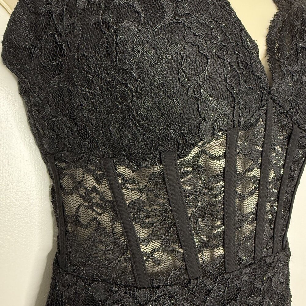 Morgan & Co Junior Lace Corset Black Prom Gown Dress Sz 3 Whimsigoth V Neck Slit - Picture 9 of 13